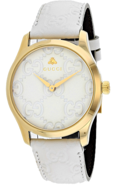 Gucci G-Timeless white dial gold watch on wrist with white leather strap
