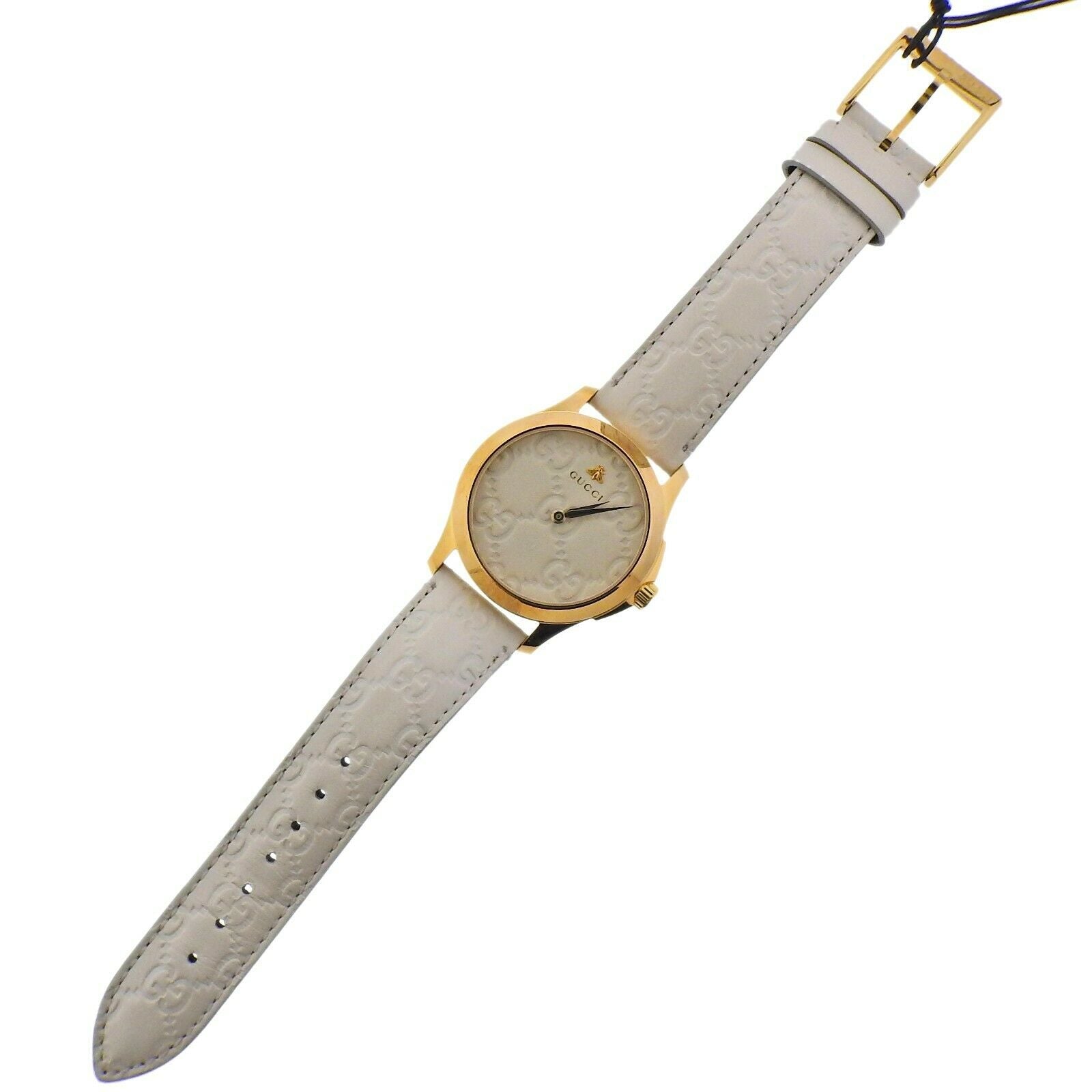 Gucci G-Timeless white leather strap with gold-tone buckle full length
