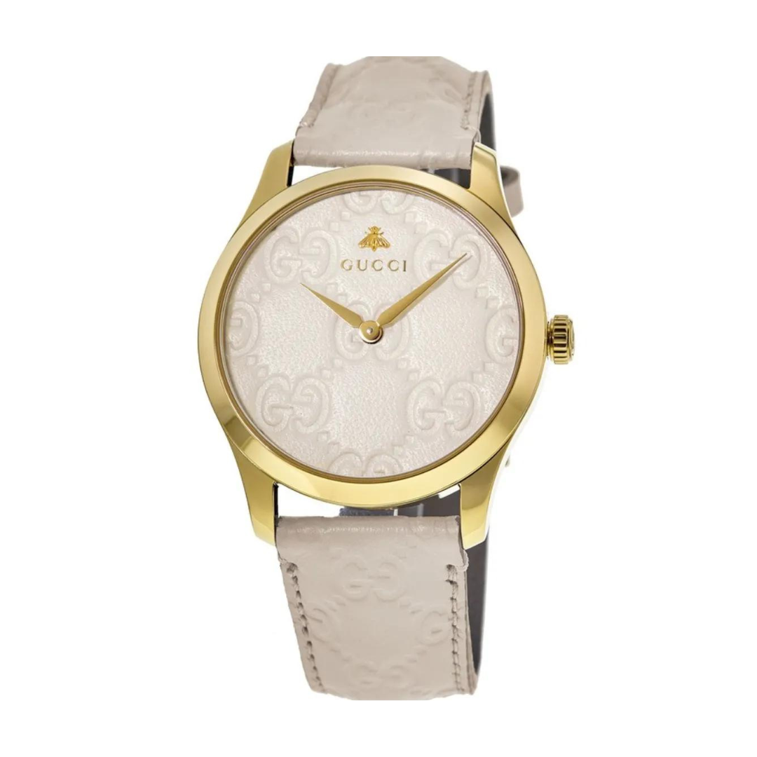 Gucci G-Timeless men's watch with white dial, gold case, and white leather strap