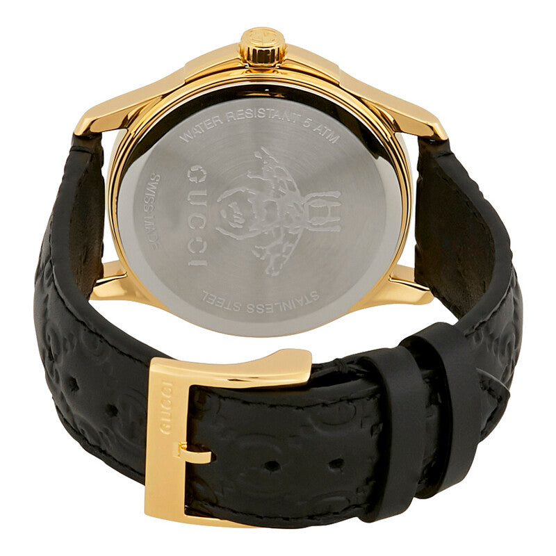 Gucci G-Timeless caseback with engraved Gucci logo and watch specifications on brushed metal