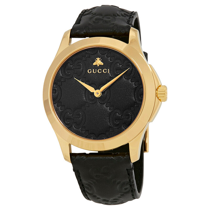 Gucci G-Timeless 38MM black GG dial watch with gold-tone case and black leather strap