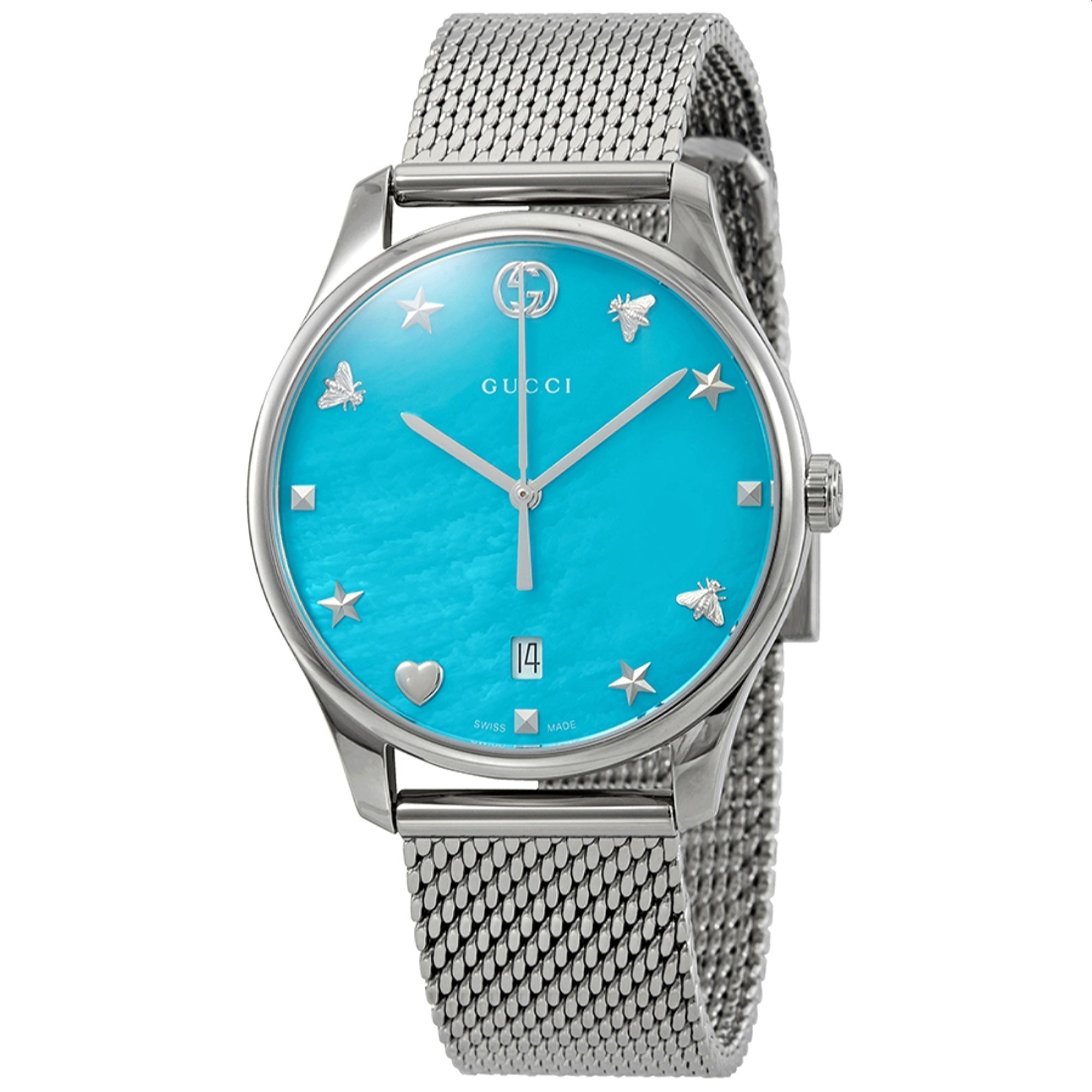Gucci G-Timeless watch with turquoise mother of pearl dial and stainless steel mesh strap