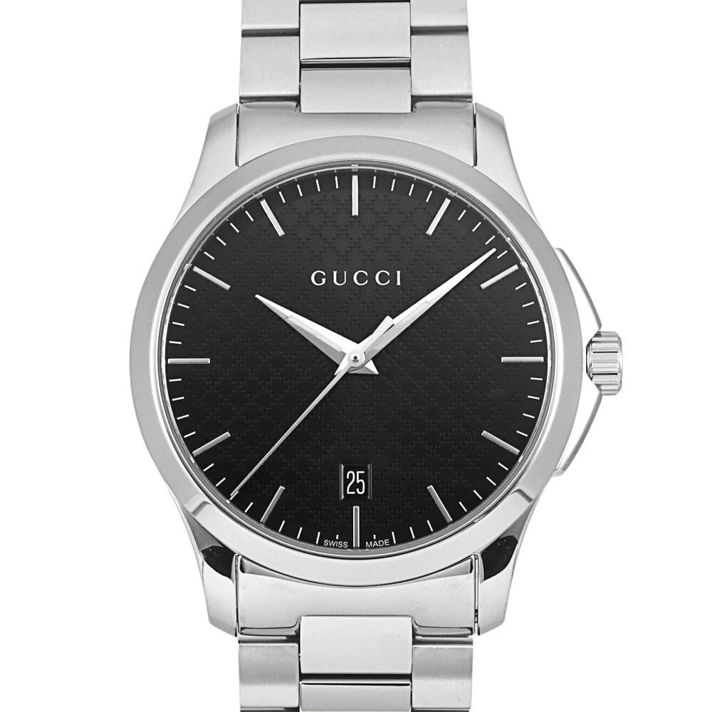 Gucci G-Timeless men's watch with black dial, silver case, and stainless steel bracelet