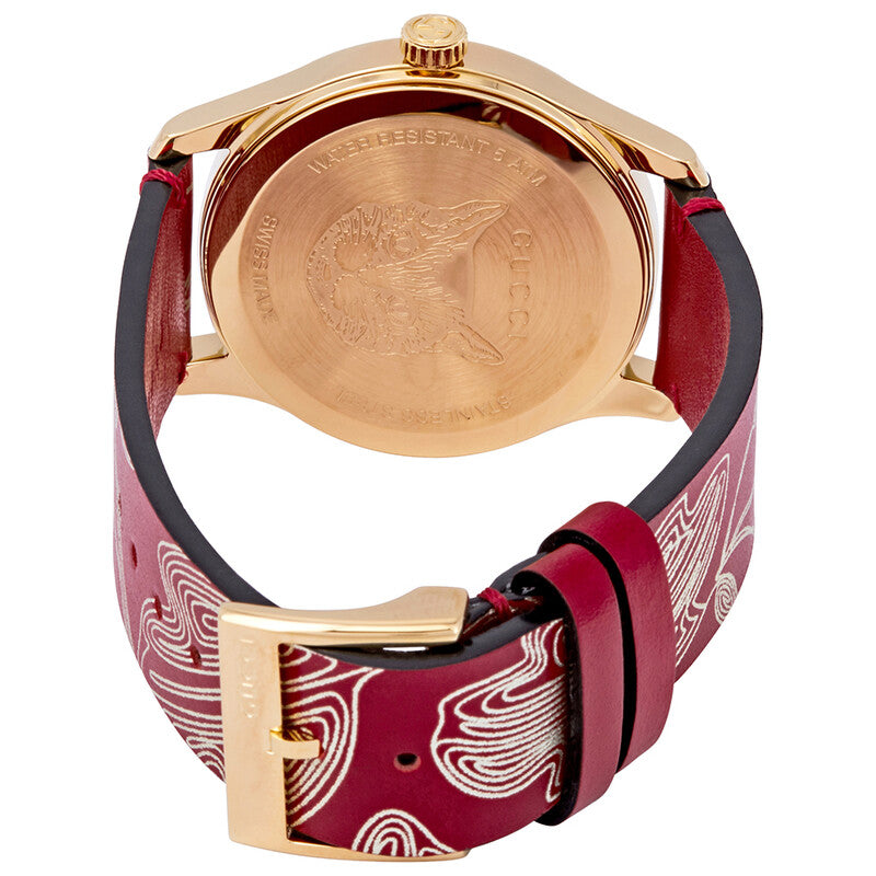 Caseback of Gucci G-Timeless watch with rose gold case and red leather strap