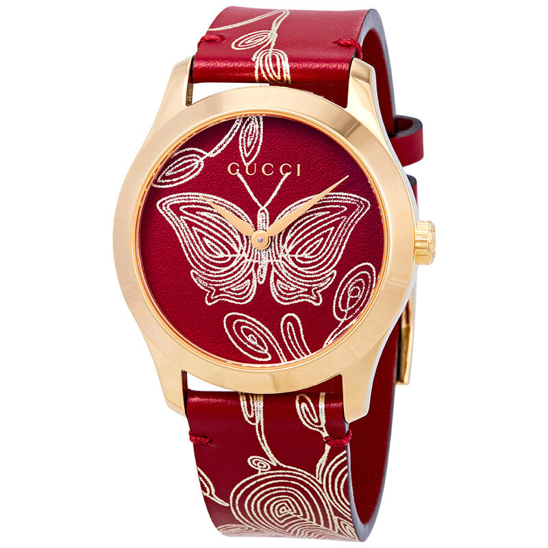 Gucci G-Timeless red dial quartz watch with butterfly design and red leather strap