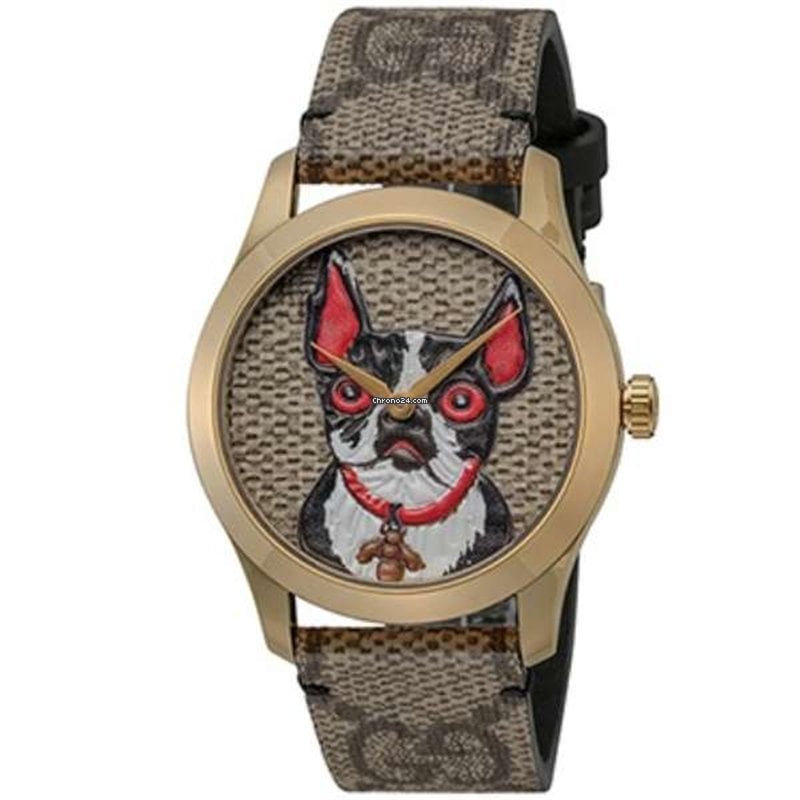 Gucci G Timeless women's watch featuring dog portrait design on brown monogram strap