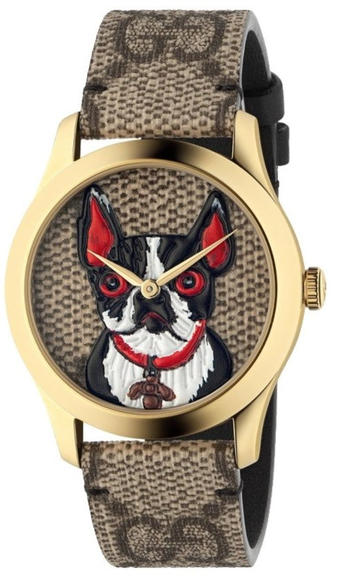 Gucci G Timeless watch with bull terrier illustration dial and brown GG monogram strap