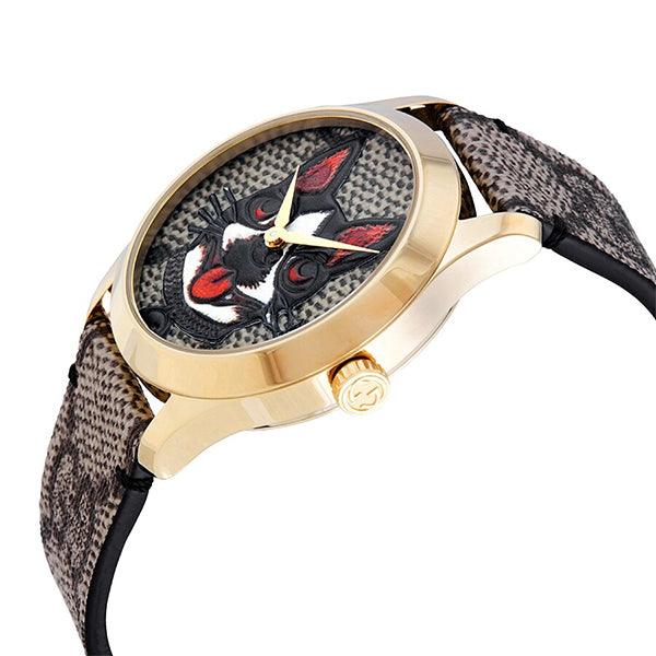 Gucci G Timeless watch shown from side profile with GG monogram strap