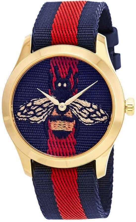 Gucci G-Timeless watch with blue and red dial featuring bee motif and gold case