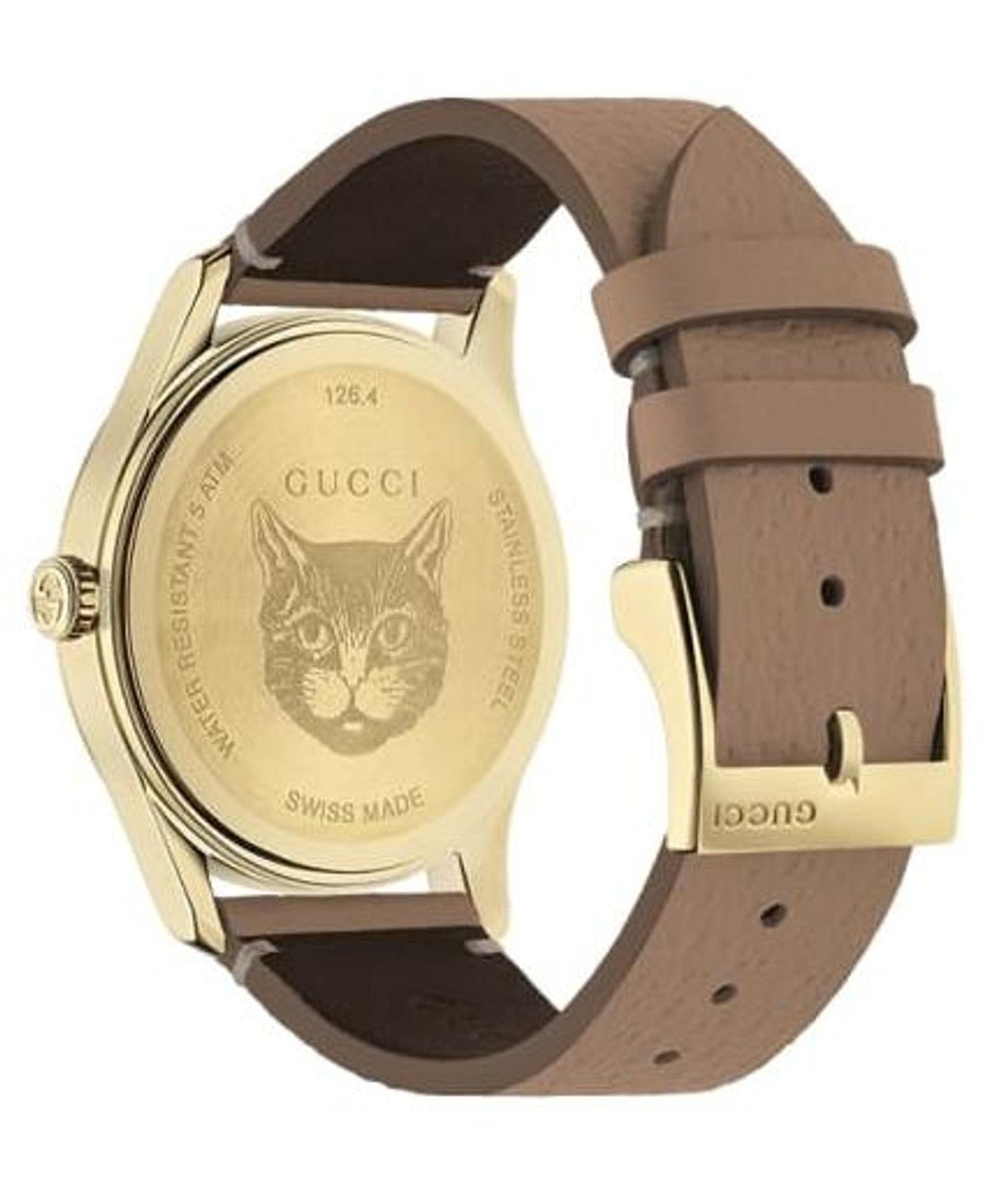 GUCCI G-Timeless caseback engraved with cat head logo and Swiss Made marking