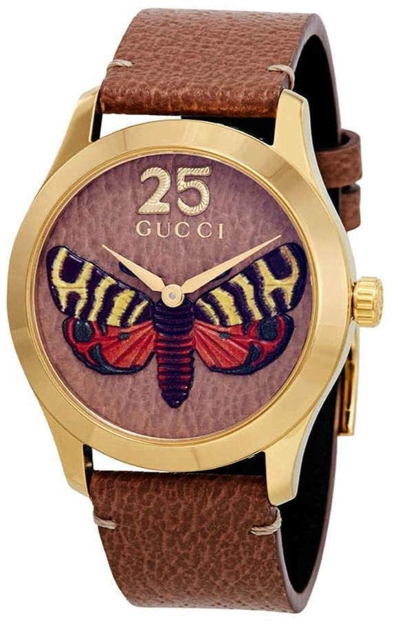 GUCCI G-Timeless 38MM with gold-tone case, purple butterfly dial, and tan leather strap