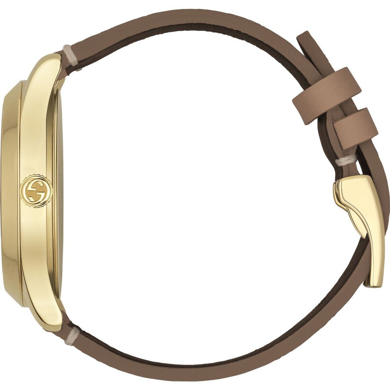 GUCCI G-Timeless watch side view with gold-tone case and tan leather strap