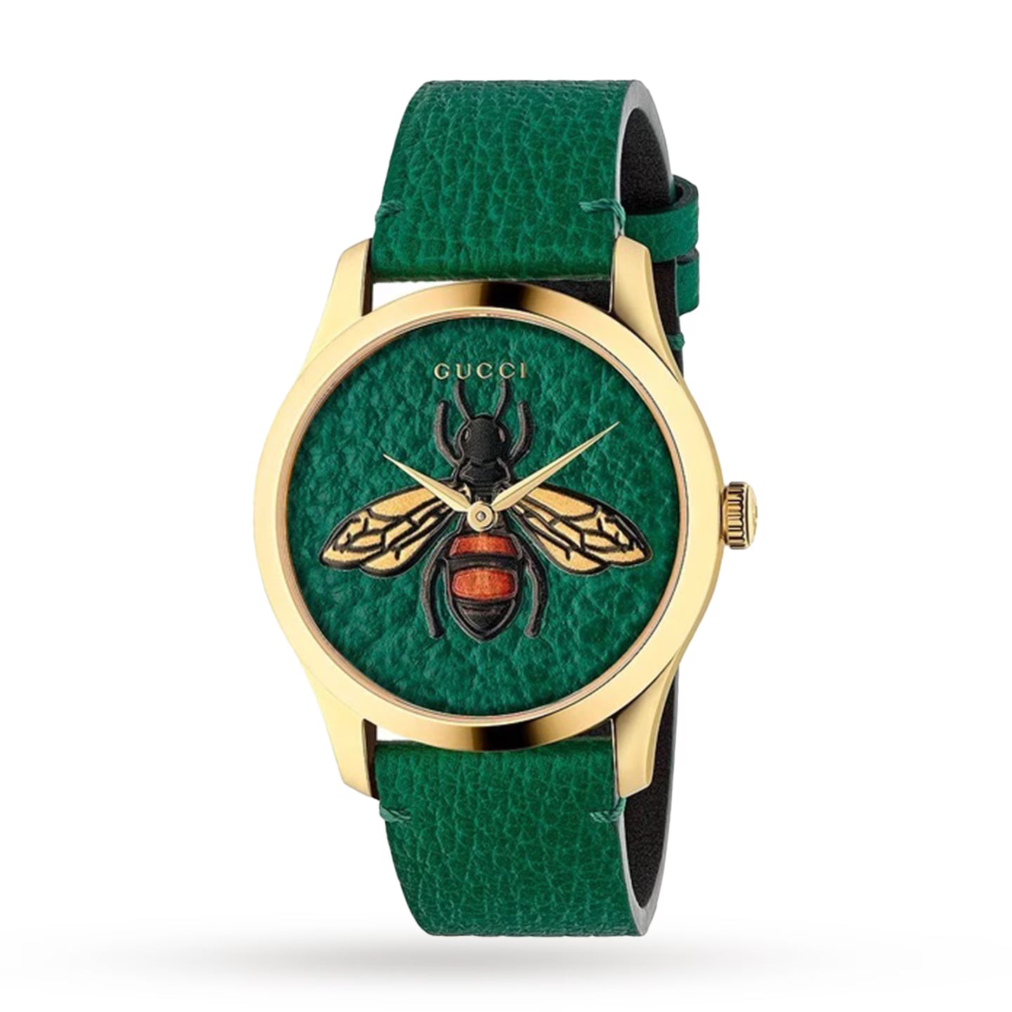 Gucci G-Timeless unisex watch with gold-tone case, green leather strap, and bee motif on dial