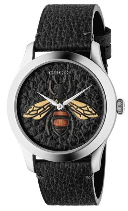 Gucci G-Timeless watch with black dial and embroidered gold honeybee design on black leather strap