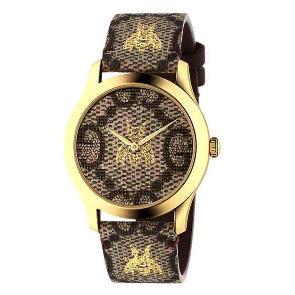 GUCCI G-Timeless 38MM watch with gold-tone case, pattern dial, and yellow-G canvas strap