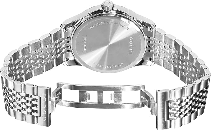 Gucci G-Timeless watch caseback showing stainless steel bracelet