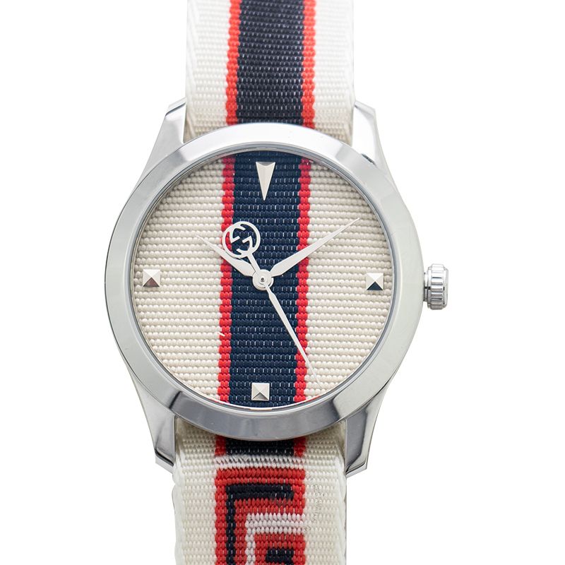 Gucci G-Timeless YA1264071 watch with cream dial and navy-red-white striped strap