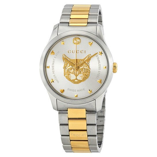 Gucci G-Timeless silver dial watch with gold cat motif and two-tone stainless steel bracelet