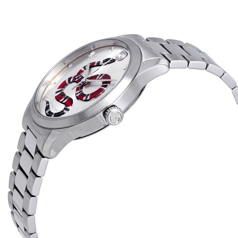 Gucci G-Timeless snake watch side angle view showing stainless steel bracelet