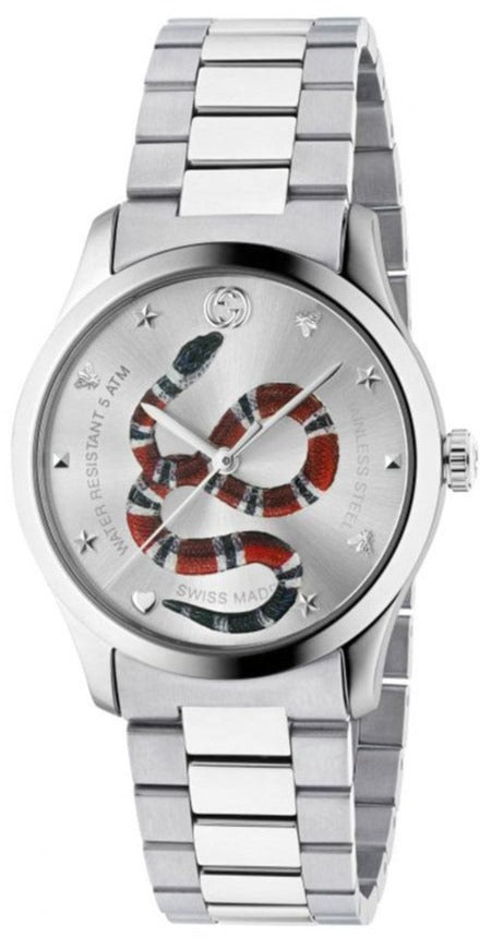 Gucci G-Timeless stainless steel watch with silver dial and red blue snake motif