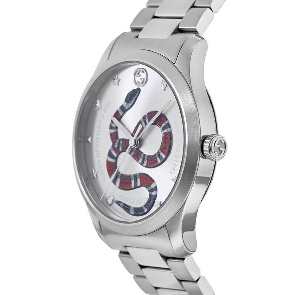 Gucci G-Timeless watch side profile with stainless steel link bracelet and crown detail