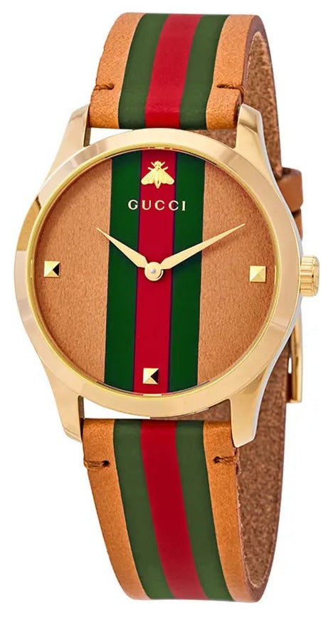Gucci G-Timeless 38mm watch with tan dial, green-red-green stripe leather strap, gold case