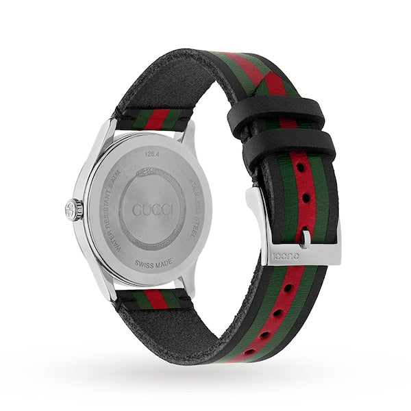 Gucci G-Timeless watch caseback displaying Swiss-made movement