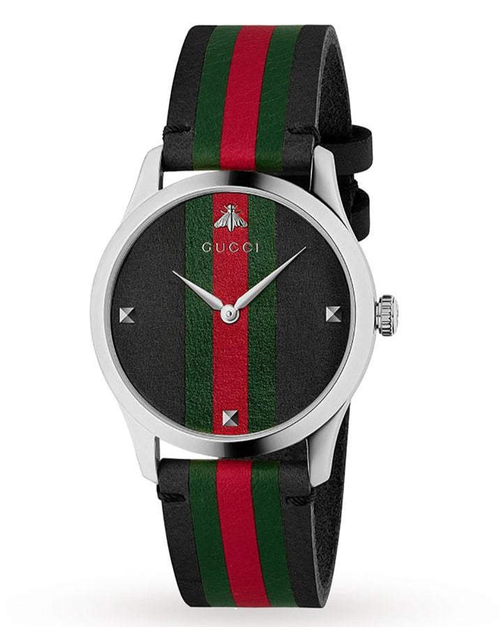 Gucci G-Timeless watch with black dial and green-red-green striped leather strap