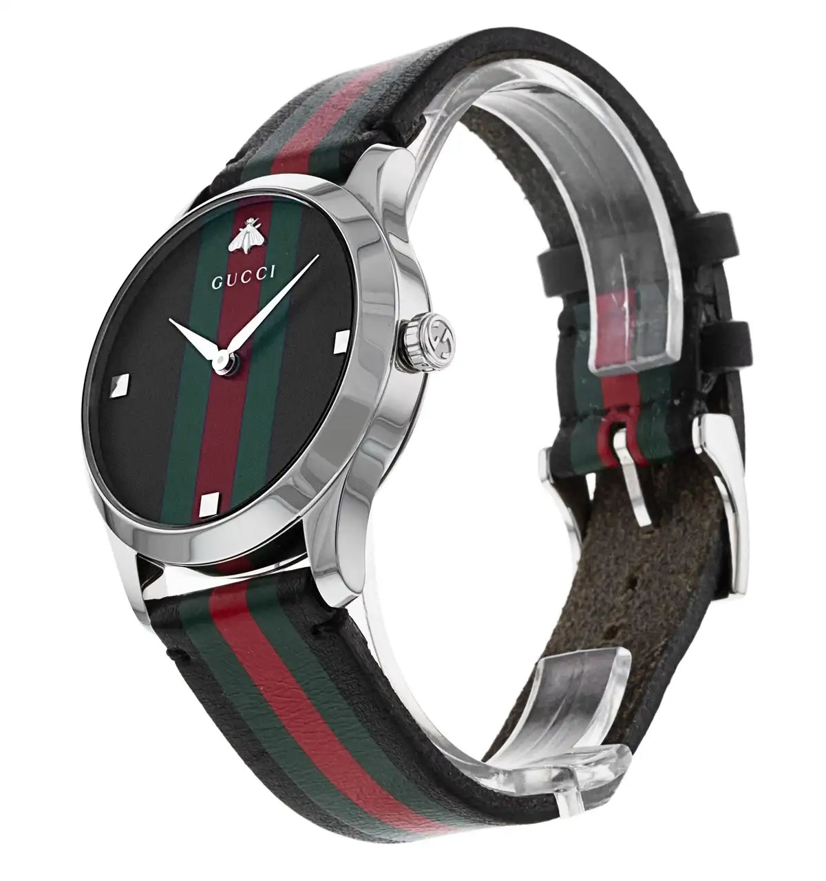 Side profile of Gucci G-Timeless watch with stainless steel case and striped strap
