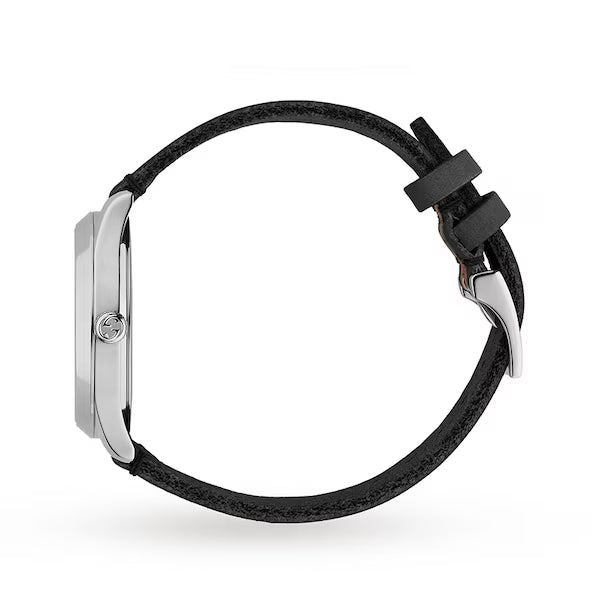 Gucci G-Timeless black leather strap with green-red-green web stripes
