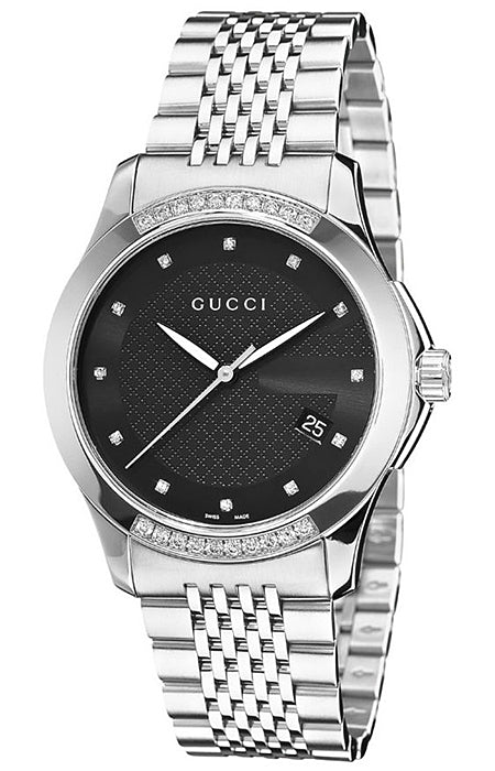Gucci G-Timeless black dial watch with diamond bezel and stainless steel bracelet