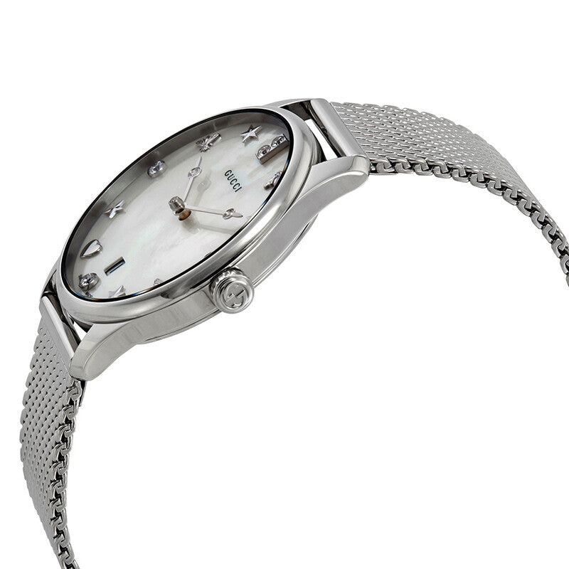 Gucci G-Timeless watch with white mother-of-pearl dial and diamond indices on steel mesh bracelet