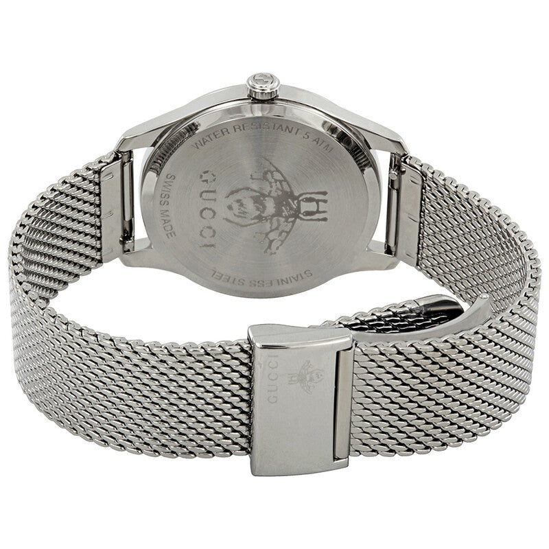 Stainless steel caseback of Gucci G-Timeless watch with mesh bracelet