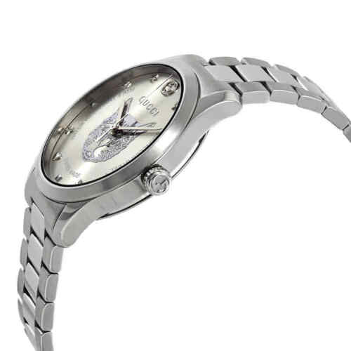 Gucci G-Timeless watch side angle view with stainless steel bracelet