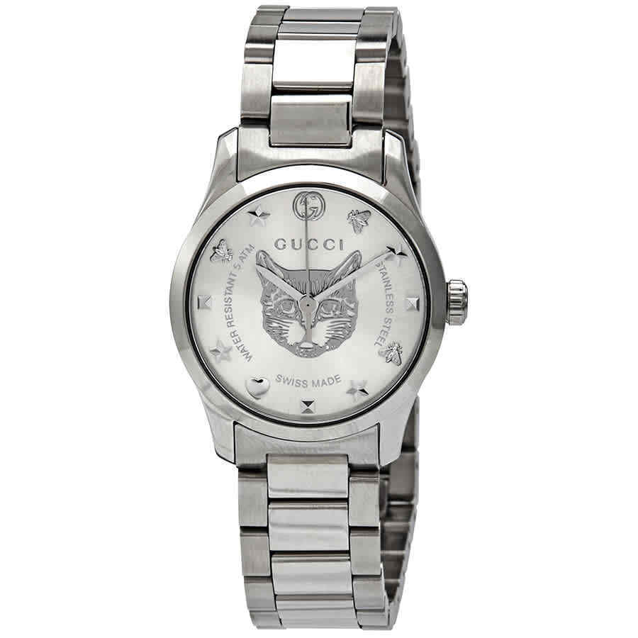Gucci G-Timeless stainless steel watch with silver dial and cat motif