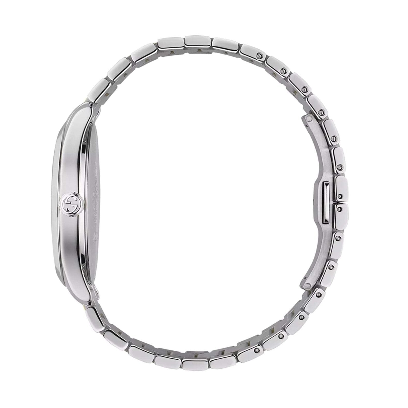 Gucci G-Timeless watch side profile showing stainless steel case and bracelet