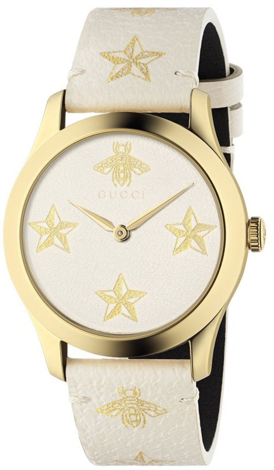 Gucci G-Timeless women's watch with gold-tone case and cream leather strap with star and bee design