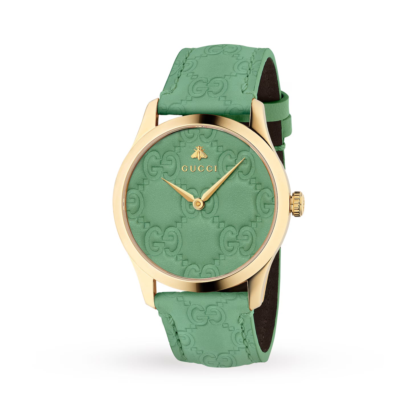 Gucci G-Timeless 38mm watch with gold case and green GG monogram dial