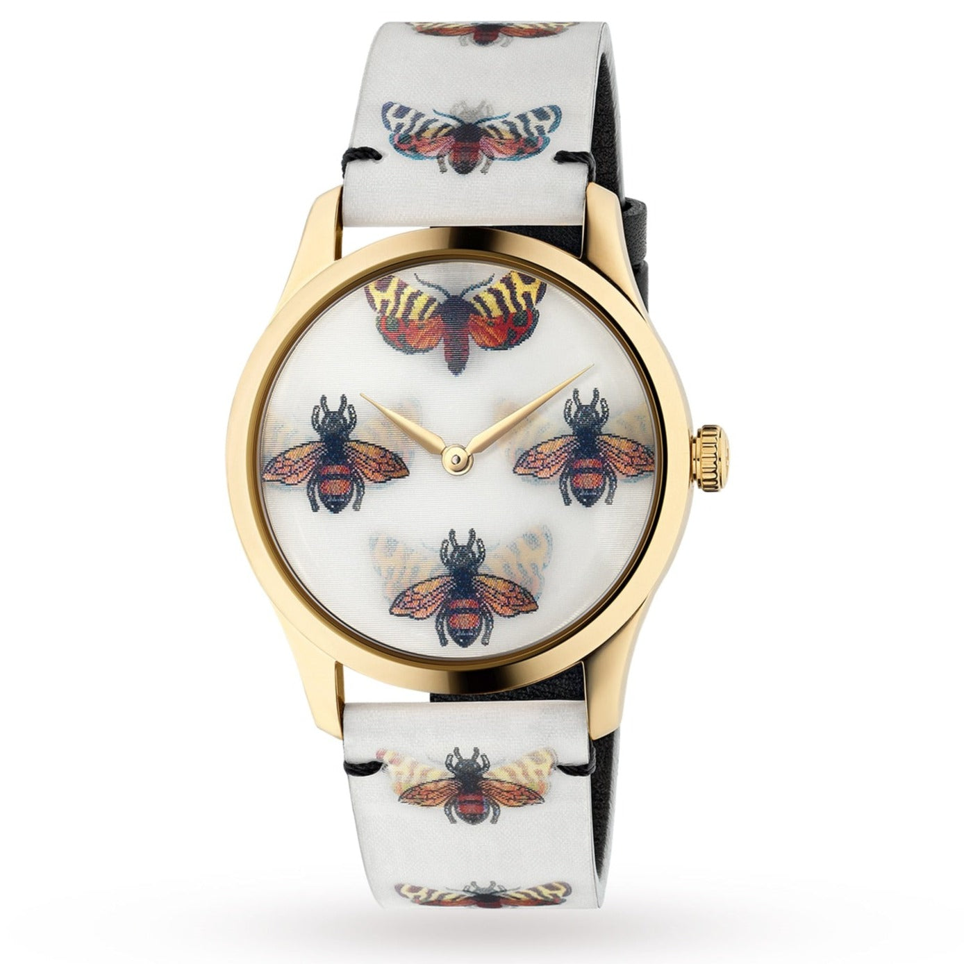 Gucci G-Timeless women's watch with white dial, bee motifs, white leather strap, and gold-tone case