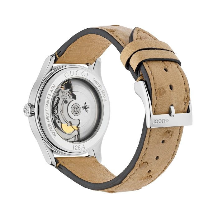 Caseback of Gucci G-Timeless showing automatic movement mechanism, stainless steel case with reference YA1264112