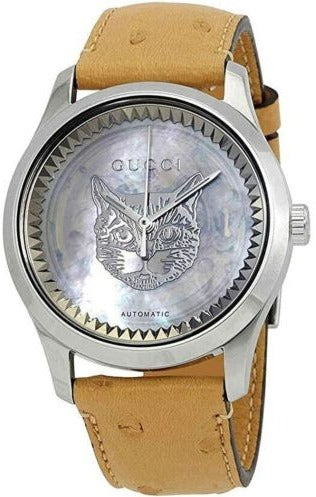 Gucci G-Timeless automatic watch with transparent mother of pearl dial featuring twin panther design and tan leather strap