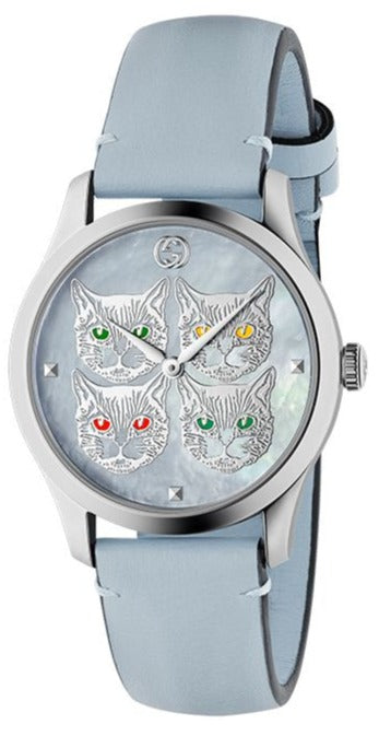 G-Timeless 38mm watch with four cat face dial design and light blue leather strap