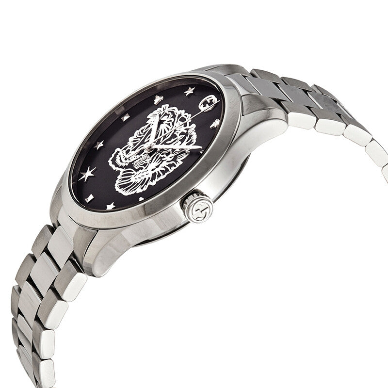G-Timeless watch from angled side view showing stainless steel bracelet and black dial with tiger motif