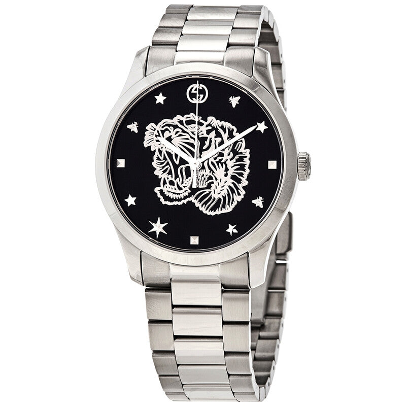 G-Timeless 38mm watch with stainless steel bracelet, black dial featuring tiger head and star design