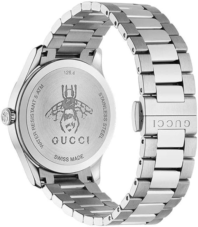 Gucci G-Timeless caseback showing Gucci logo, bee engraving, and Swiss Made marking