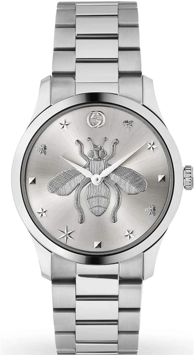 Gucci G-Timeless 38mm stainless steel ladies watch with bee motif silver dial and star markers