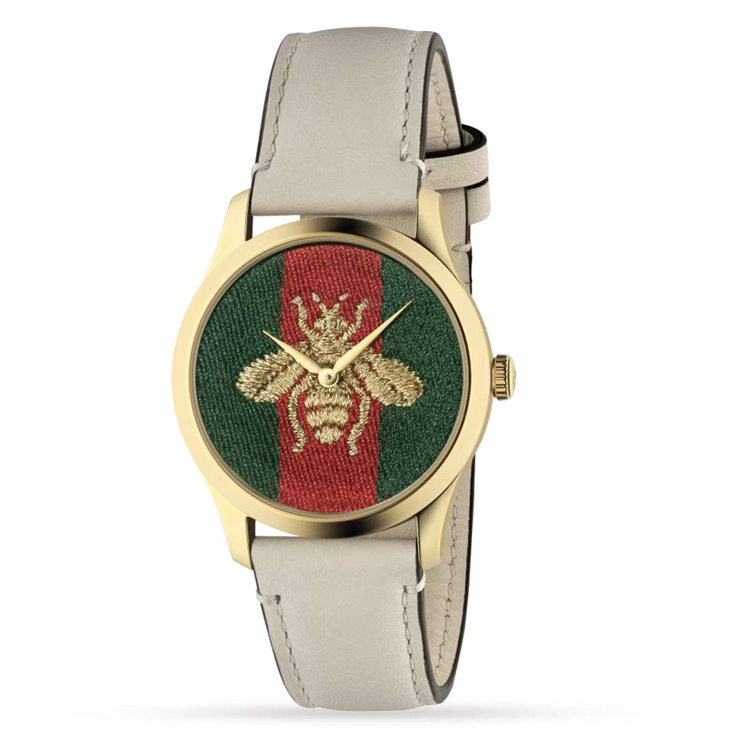 Gucci G-Timeless quartz watch with green and red web nylon dial, gold-tone case, and cream leather strap