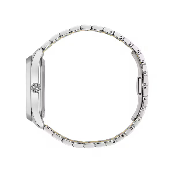 Gucci G-Timeless women's watch with two-tone yellow gold and stainless steel link bracelet, side view