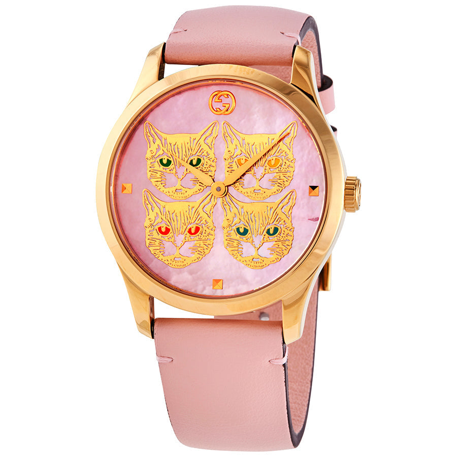Gucci G-Timeless YA1264132 watch showing four cat faces on pink dial with gold accents and pink strap
