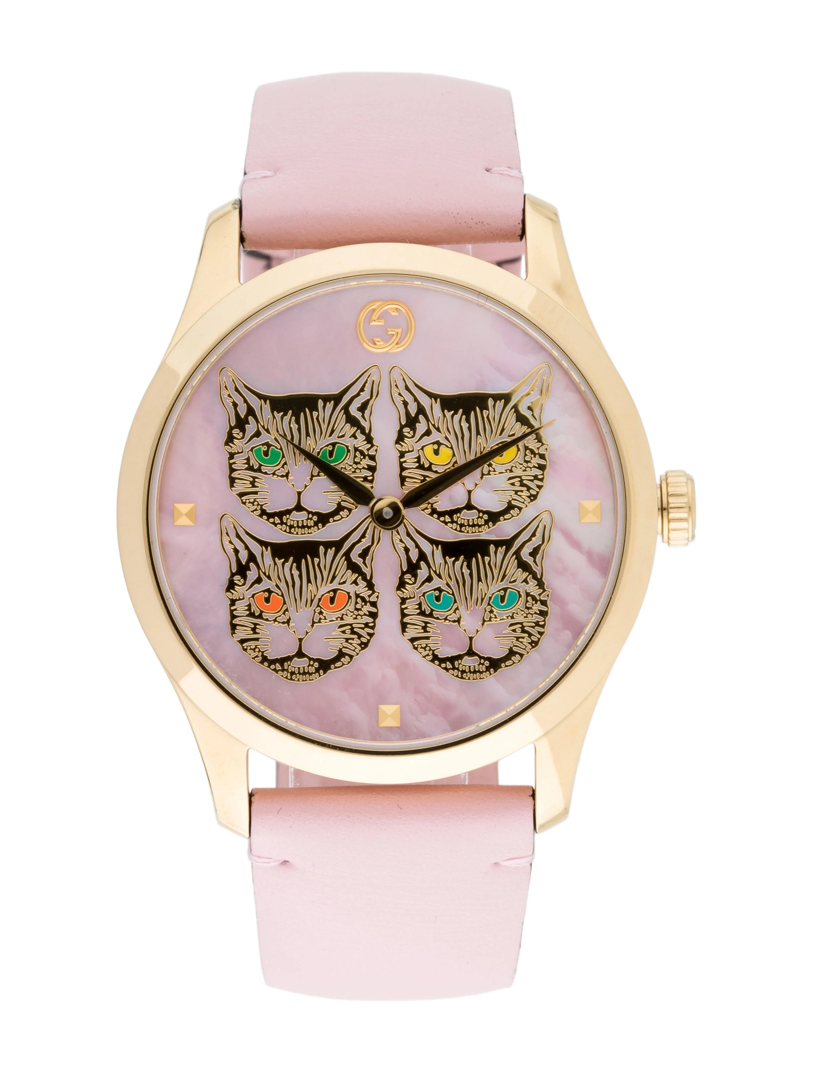 Gucci G-Timeless women's watch with four cat motif on pink dial, gold-tone case and pink leather band